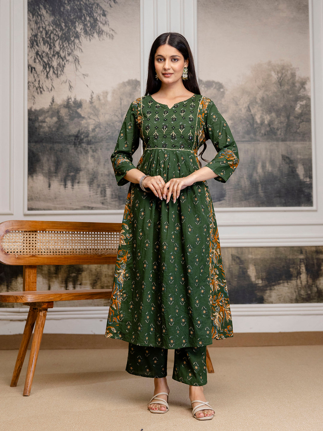 Womens pure cotton flared kurta pant dupatta set