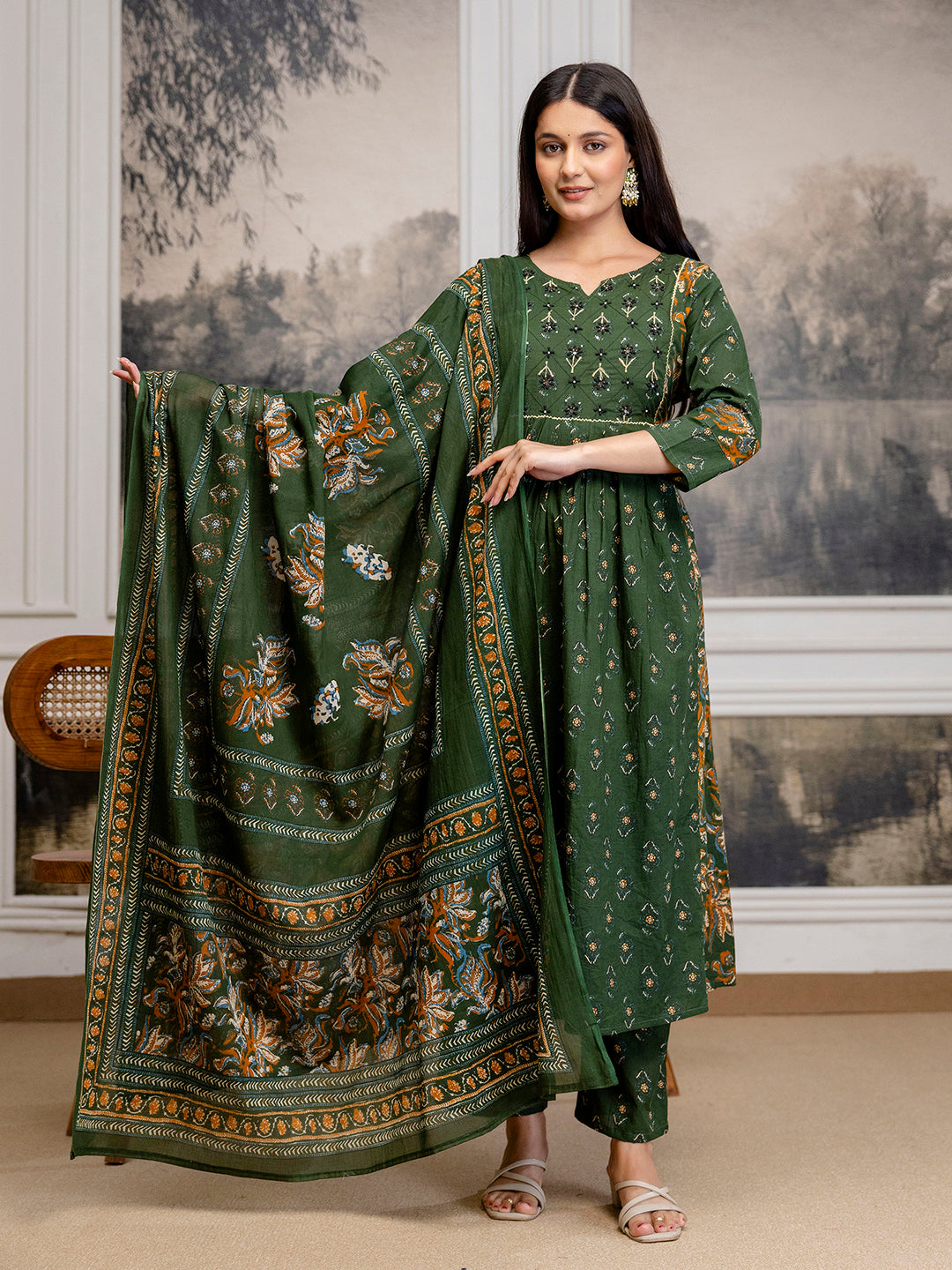 Womens pure cotton flared kurta pant dupatta set