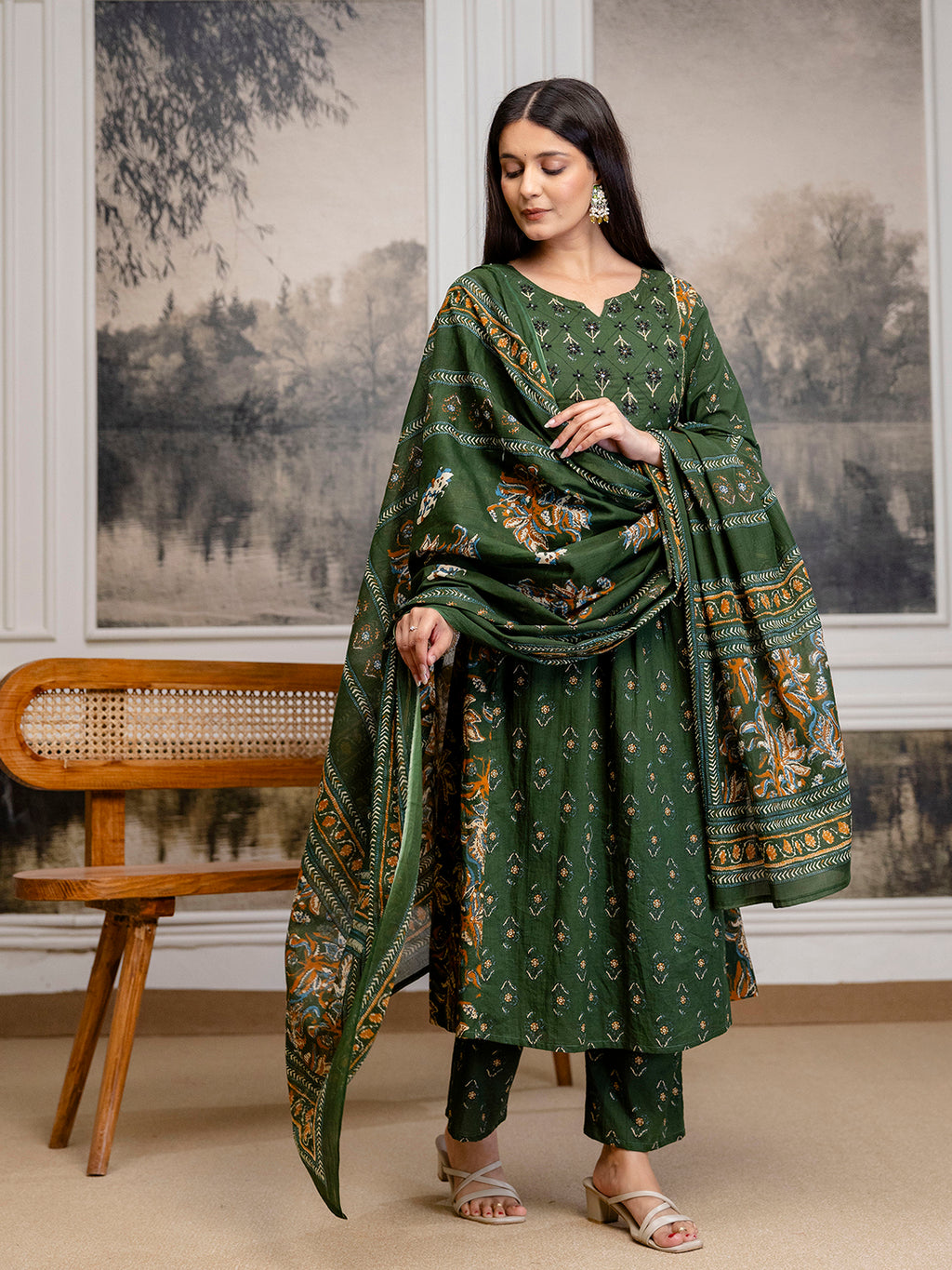 Womens pure cotton flared kurta pant dupatta set