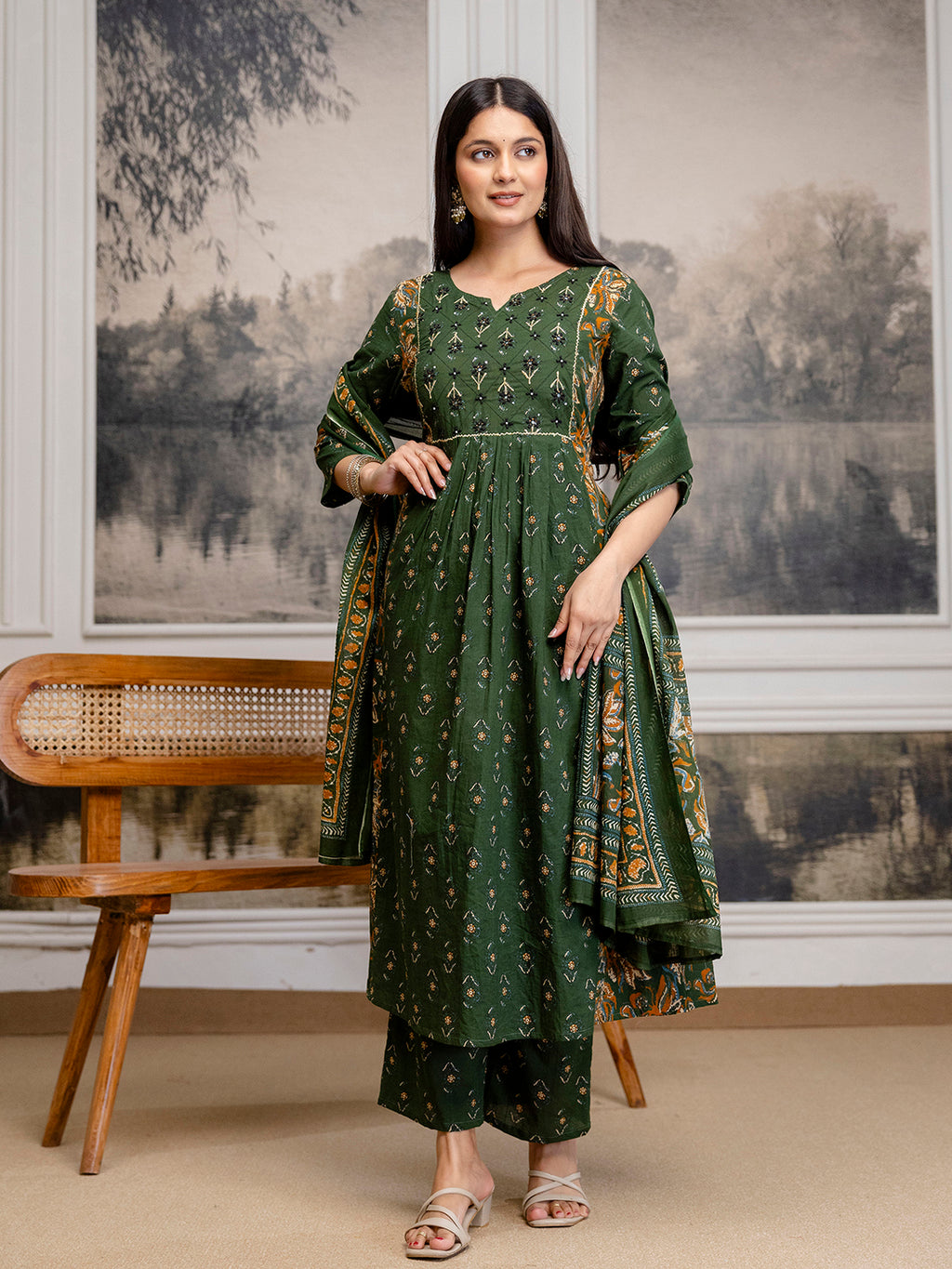 Womens pure cotton flared kurta pant dupatta set