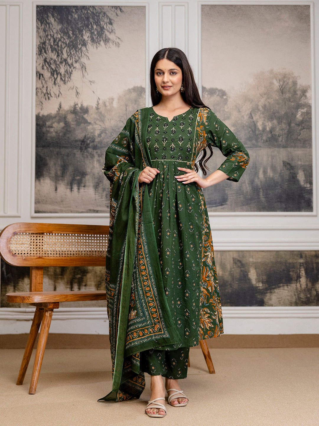 Womens pure cotton flared kurta pant dupatta set