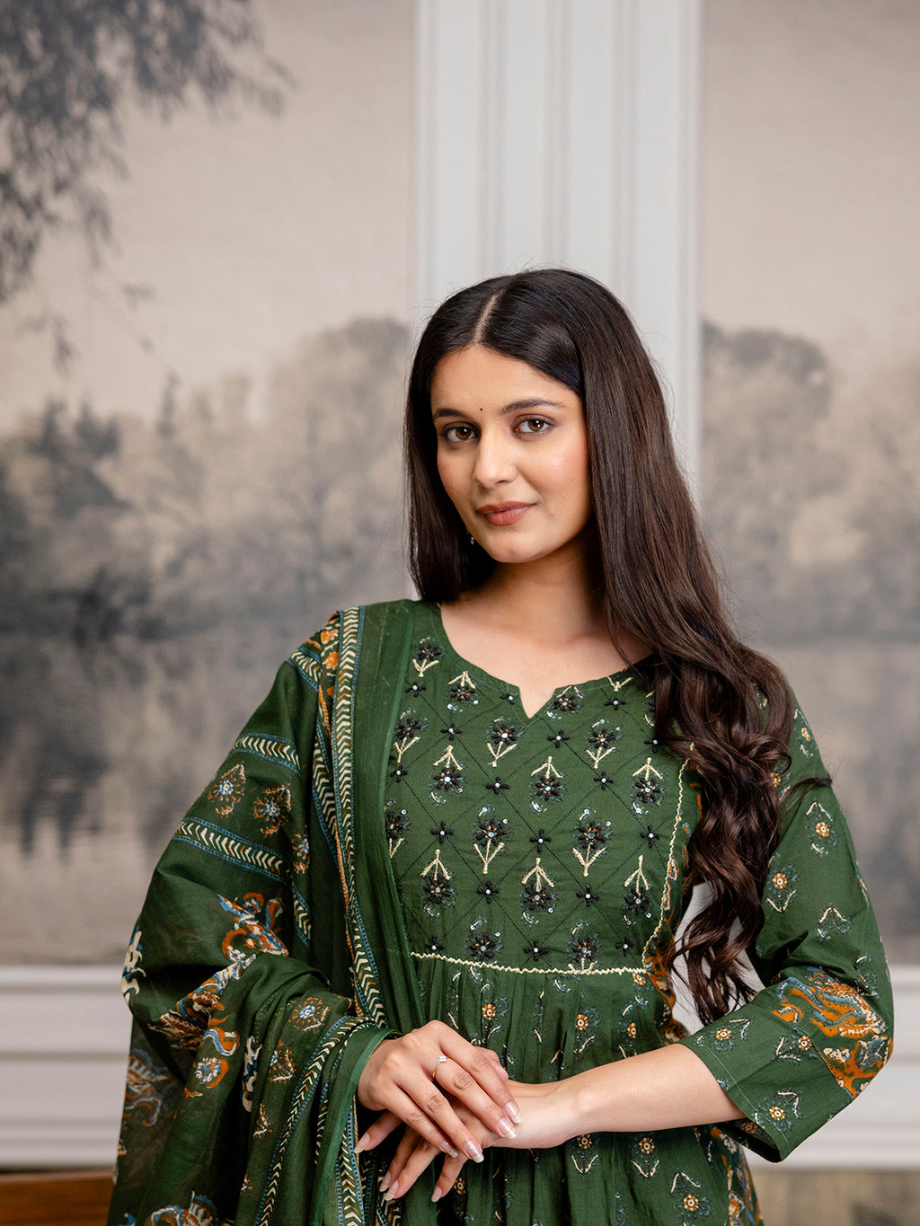 Womens pure cotton flared kurta pant dupatta set