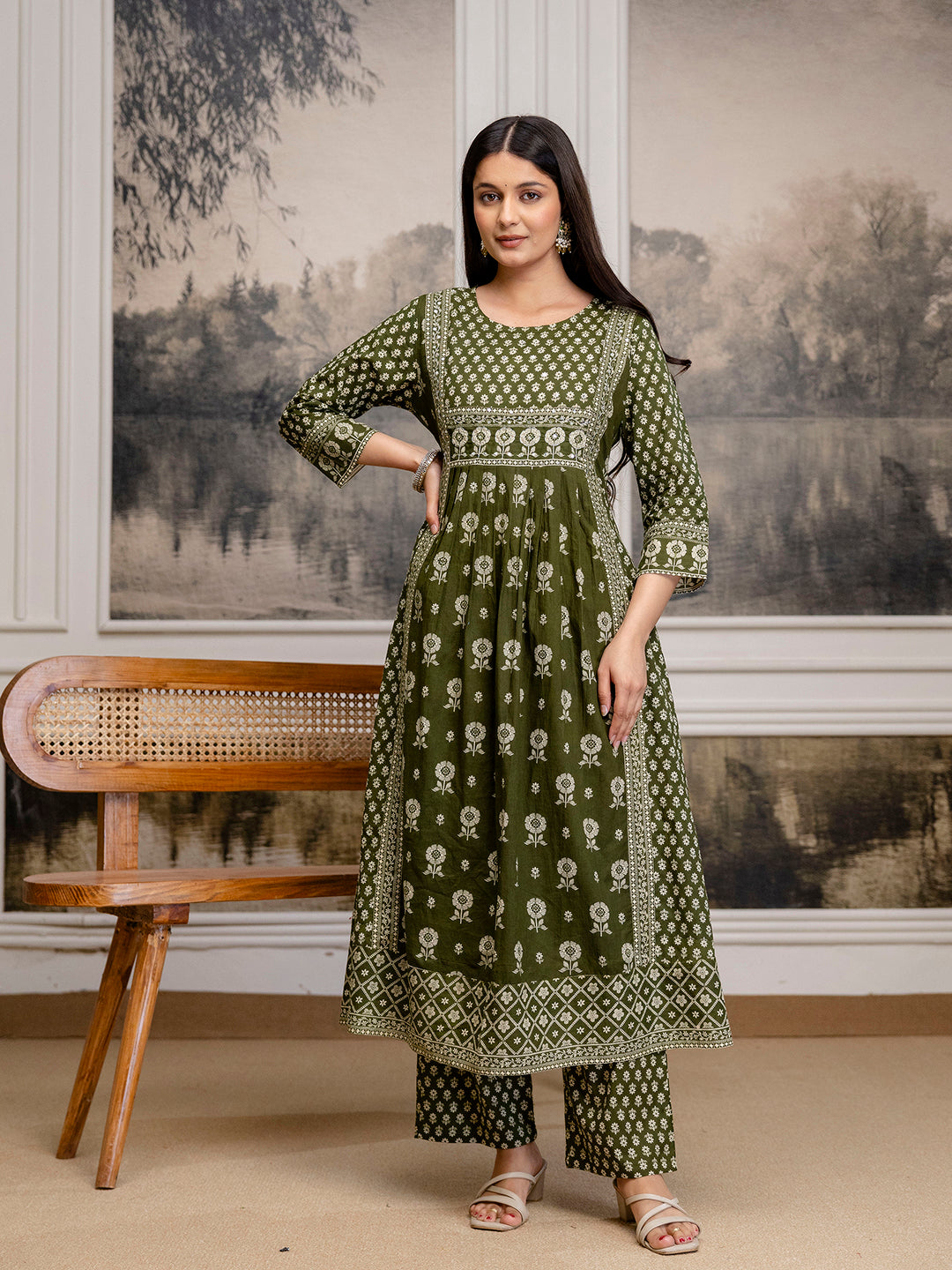 Womens Pure cotton pleated kurta pant dupatta set