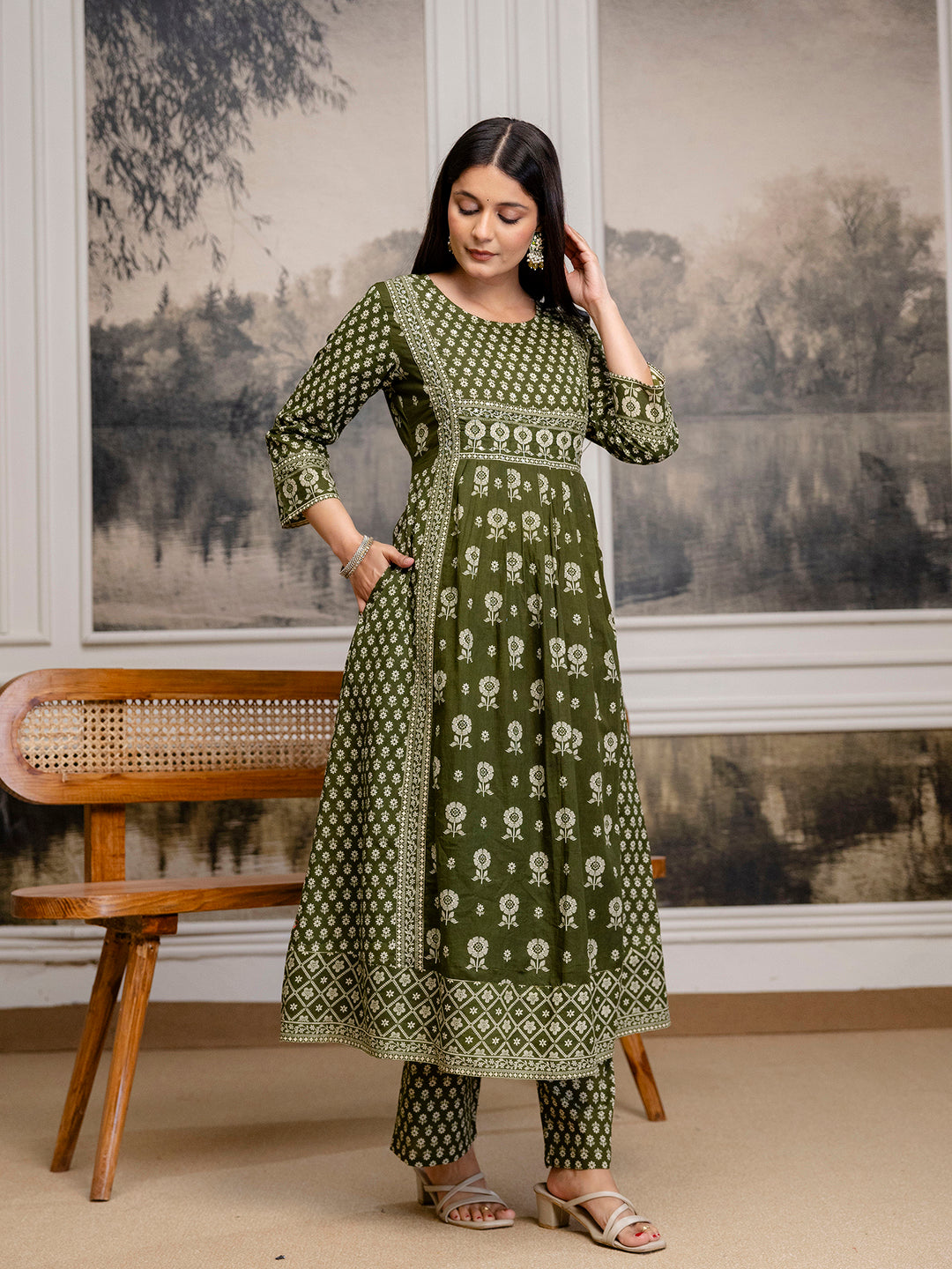 Womens Pure cotton pleated kurta pant dupatta set