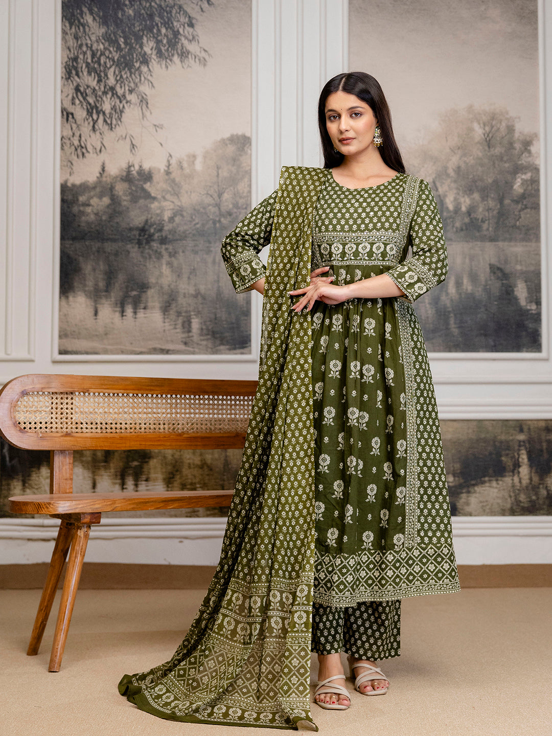Womens Pure cotton pleated kurta pant dupatta set