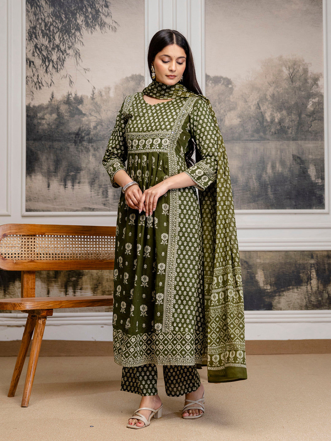 Womens Pure cotton pleated kurta pant dupatta set