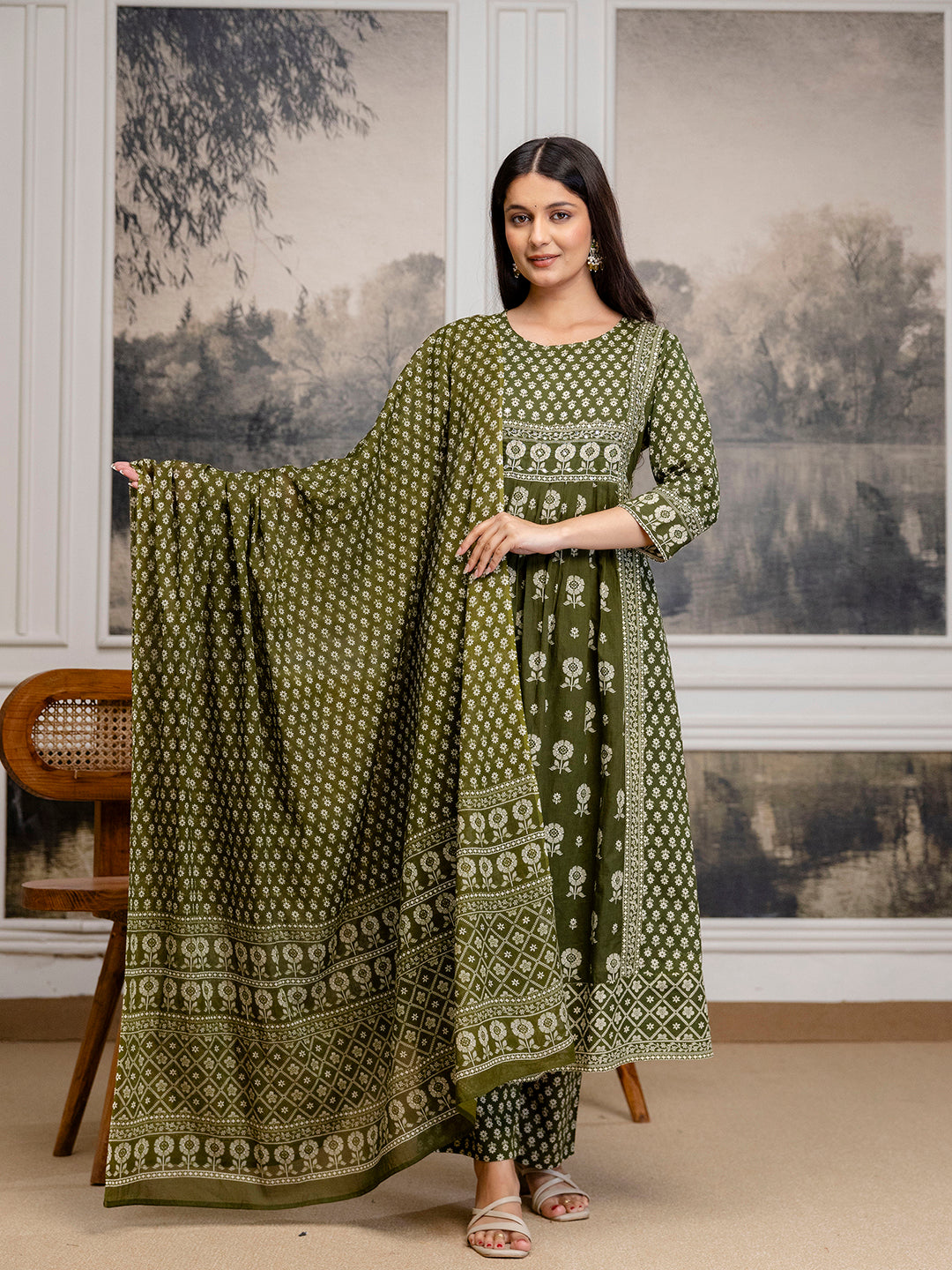 Womens Pure cotton pleated kurta pant dupatta set