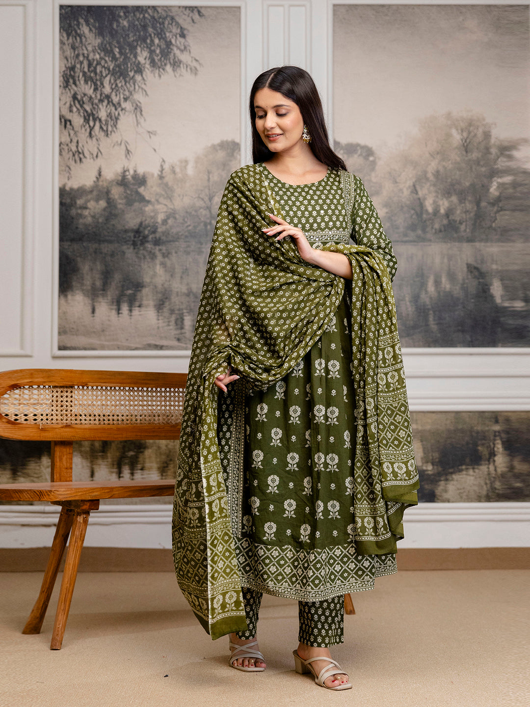 Womens Pure cotton pleated kurta pant dupatta set