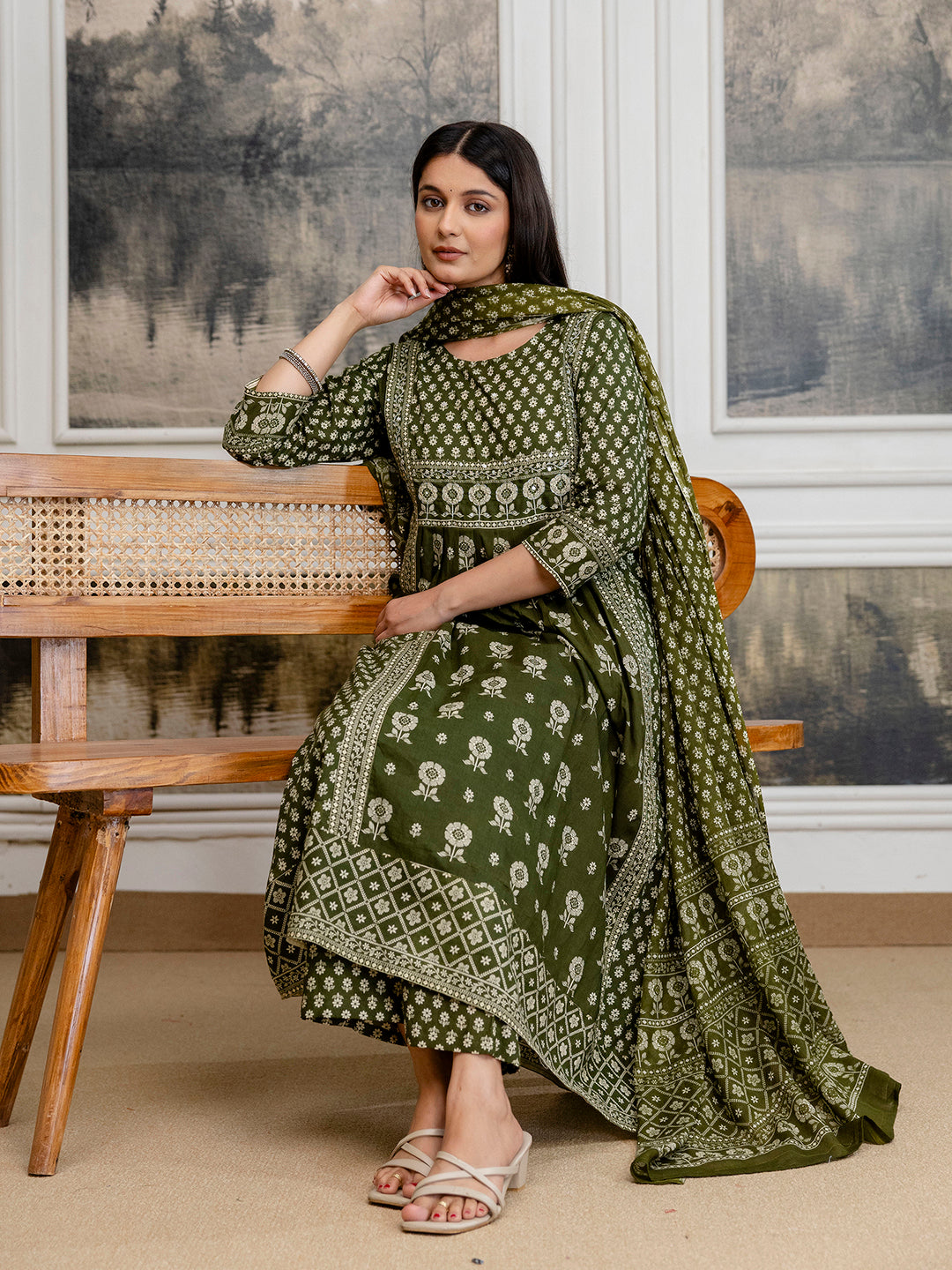 Womens Pure cotton pleated kurta pant dupatta set