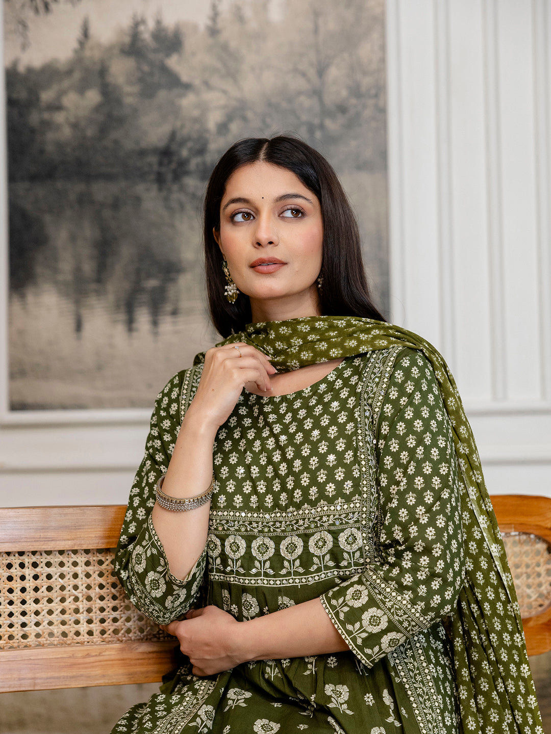 Womens Pure cotton pleated kurta pant dupatta set