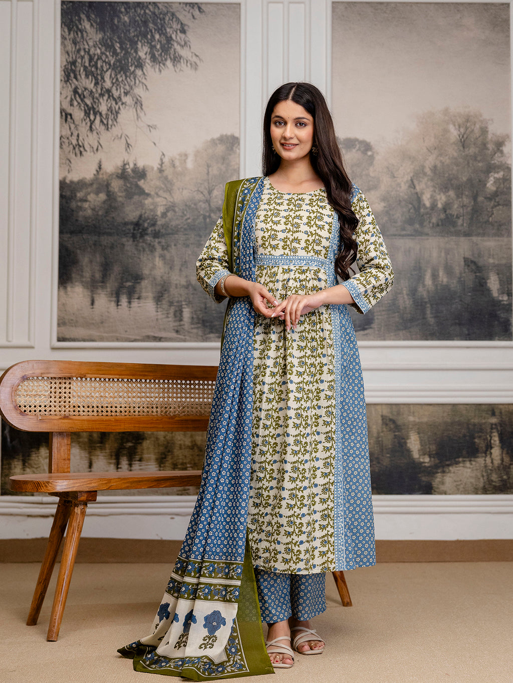 Womens pure cotton Hand work Kurta pant dupatta set