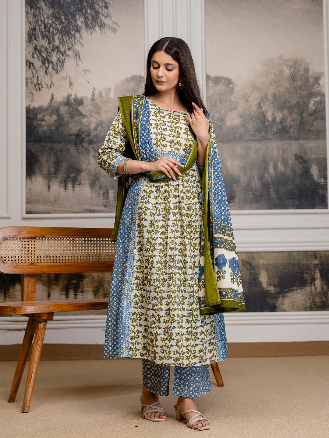 Womens pure cotton Hand work Kurta pant dupatta set