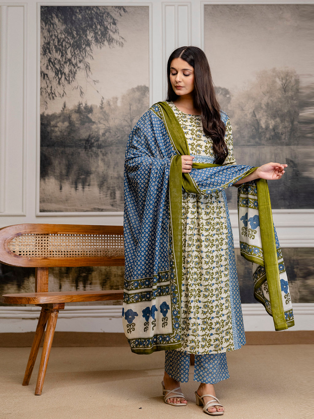 Womens pure cotton Hand work Kurta pant dupatta set