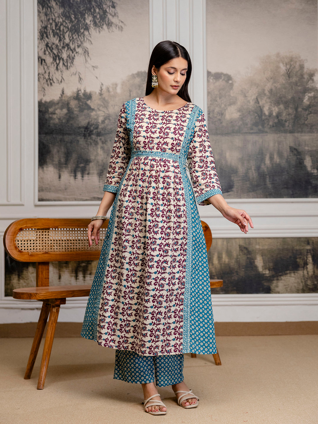 Womens Pure cotton Hand work Kurta Pant Dupatta Set