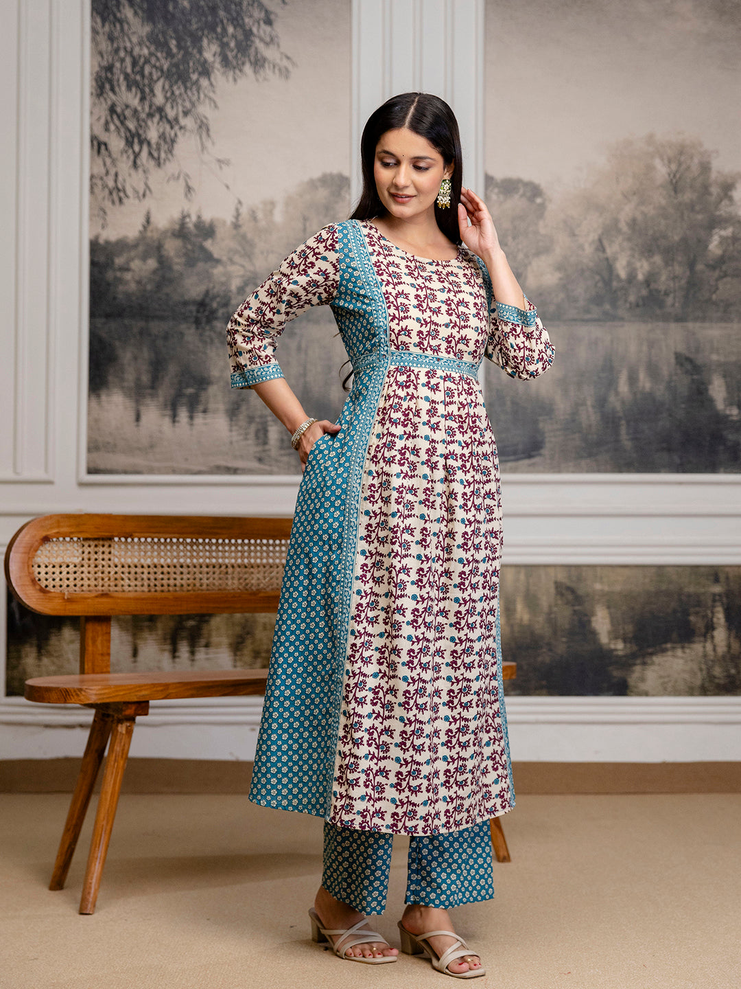 Womens Pure cotton Hand work Kurta Pant Dupatta Set