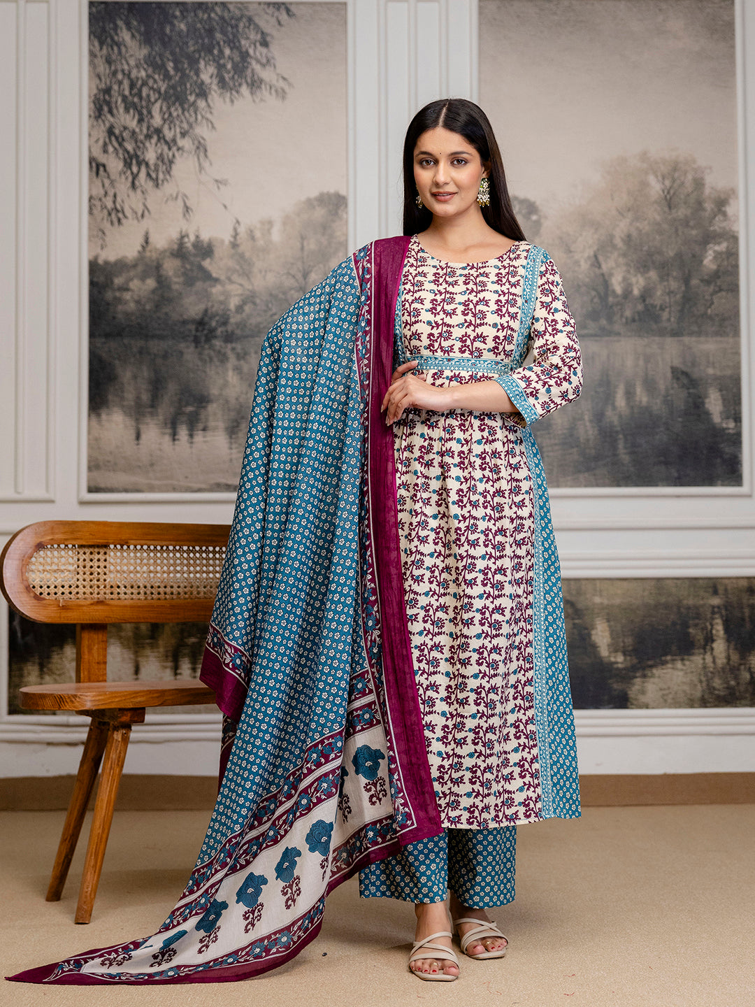 Womens Pure cotton Hand work Kurta Pant Dupatta Set