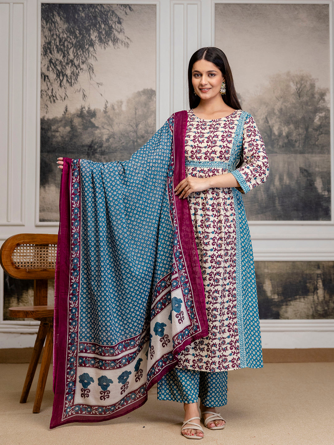 Womens Pure cotton Hand work Kurta Pant Dupatta Set