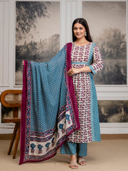 Womens Pure cotton Hand work Kurta Pant Dupatta Set