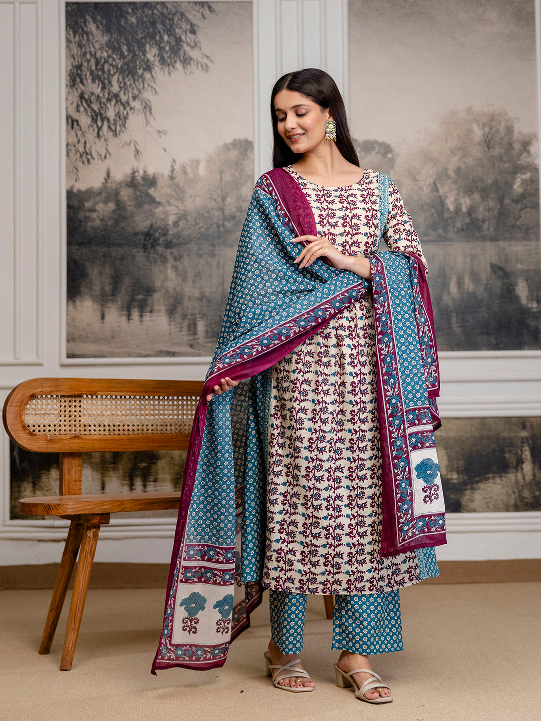 Womens Pure cotton Hand work Kurta Pant Dupatta Set