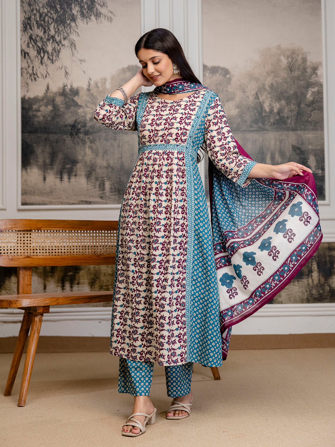 Womens Pure cotton Hand work Kurta Pant Dupatta Set