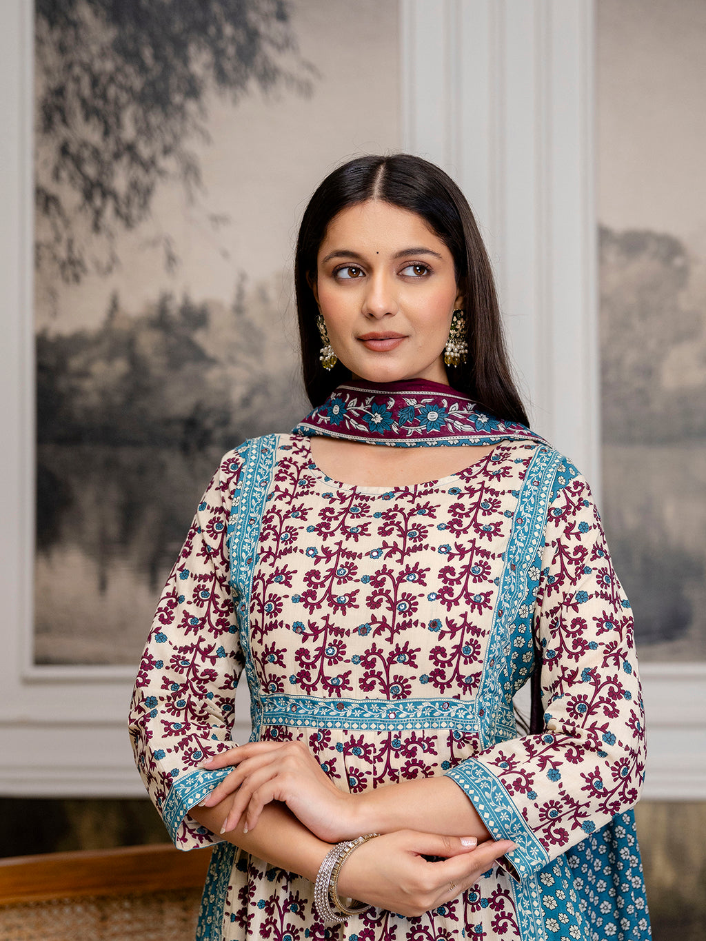 Womens Pure cotton Hand work Kurta Pant Dupatta Set