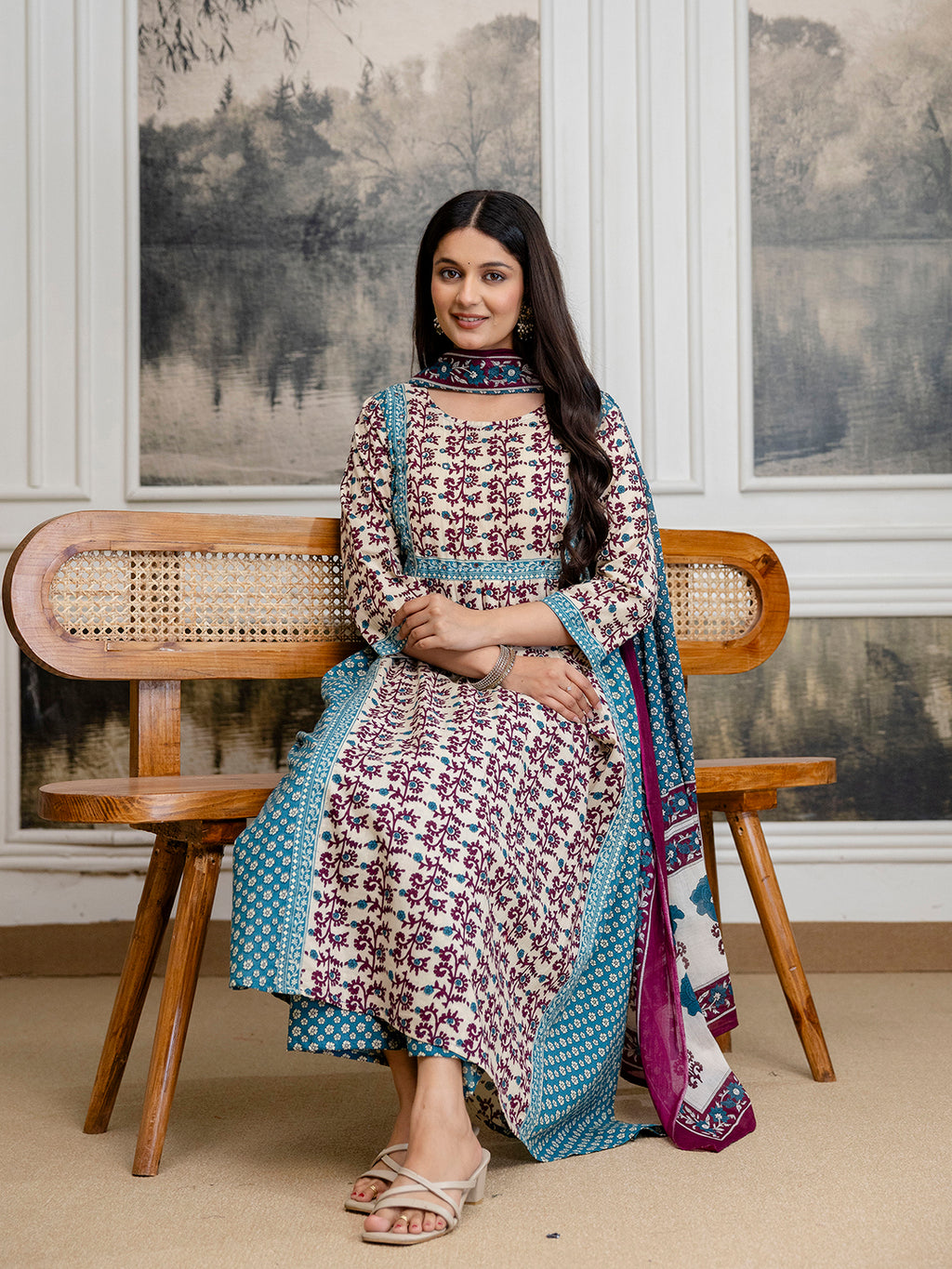 Womens Pure cotton Hand work Kurta Pant Dupatta Set