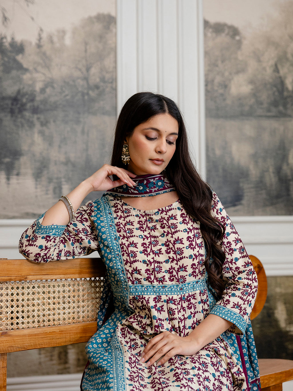 Womens Pure cotton Hand work Kurta Pant Dupatta Set