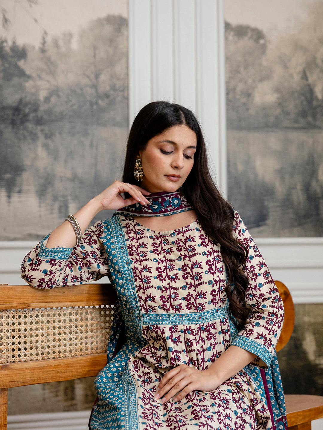 Womens Pure cotton Hand work Kurta Pant Dupatta Set