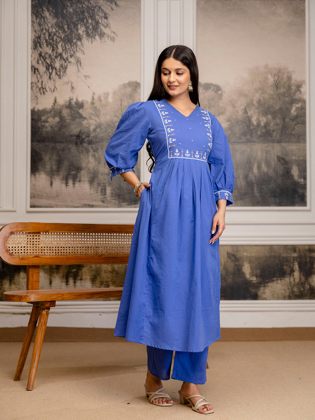 Erisha womens Pure cotton embroidered kurta pant dupatta set