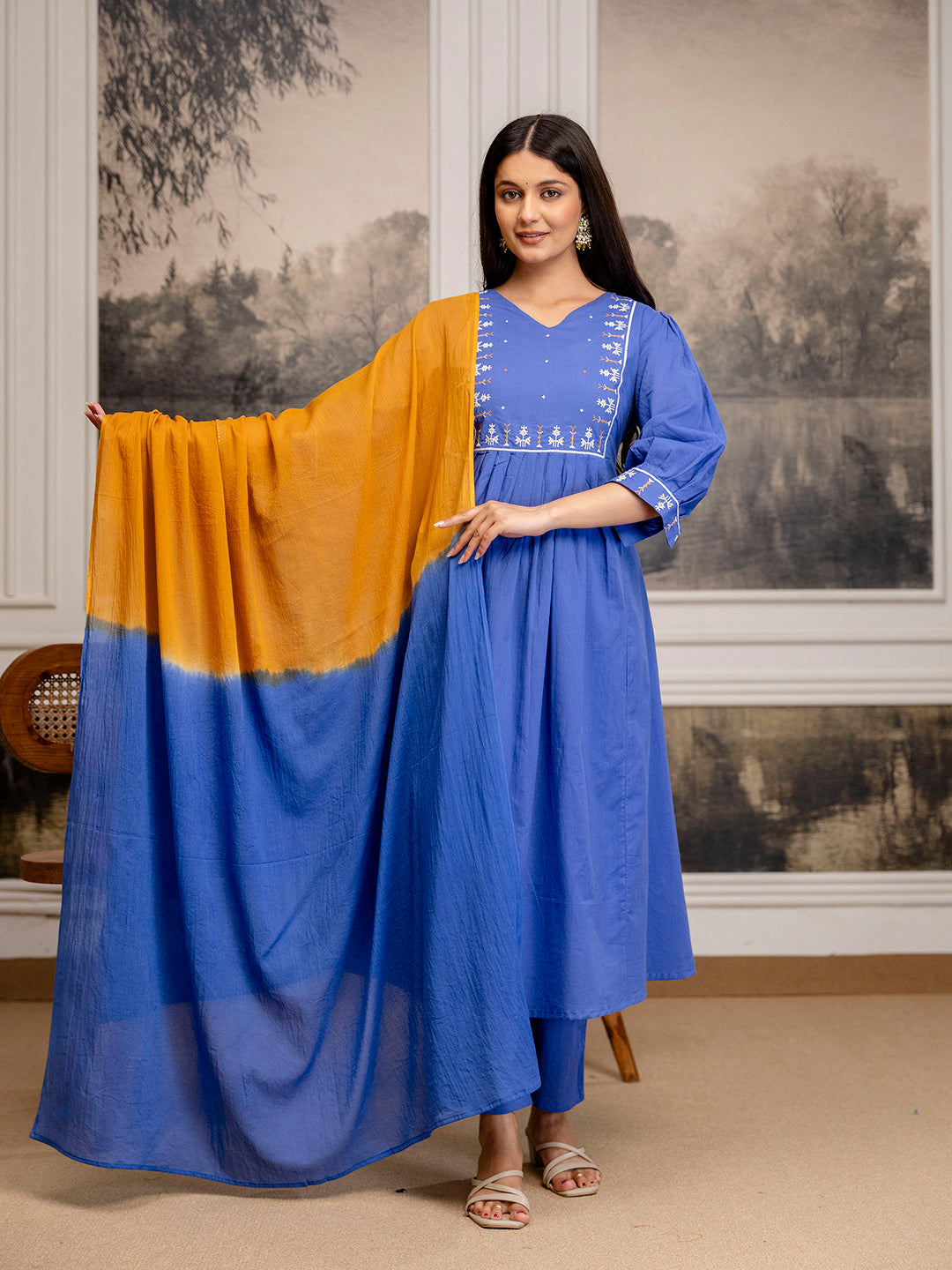 Erisha womens Pure cotton embroidered kurta pant dupatta set