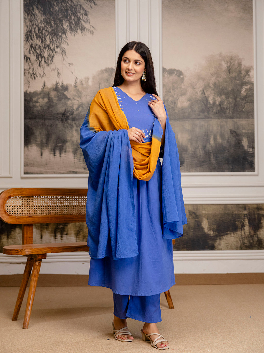 Erisha womens Pure cotton embroidered kurta pant dupatta set