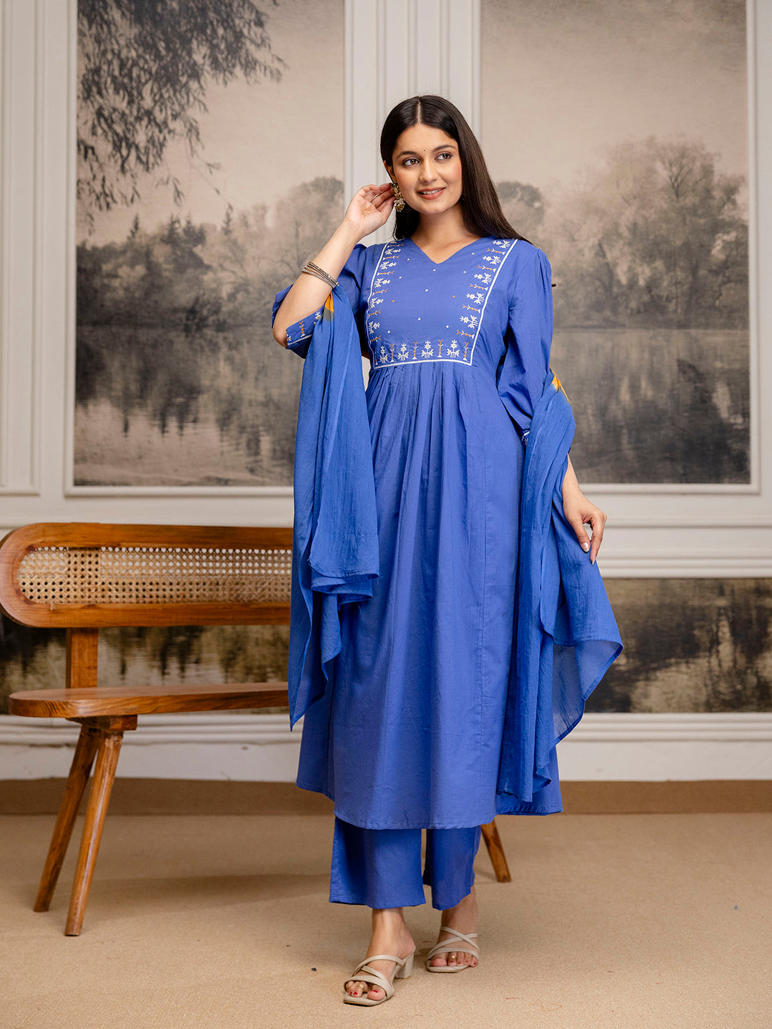 Erisha womens Pure cotton embroidered kurta pant dupatta set