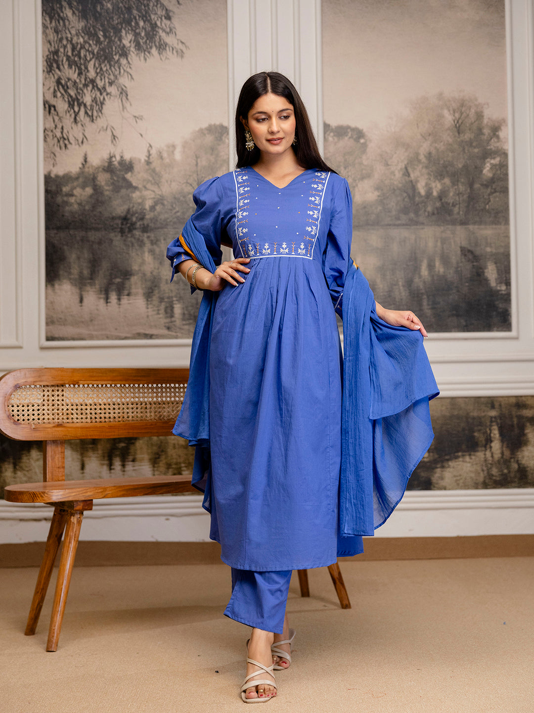 Erisha womens Pure cotton embroidered kurta pant dupatta set