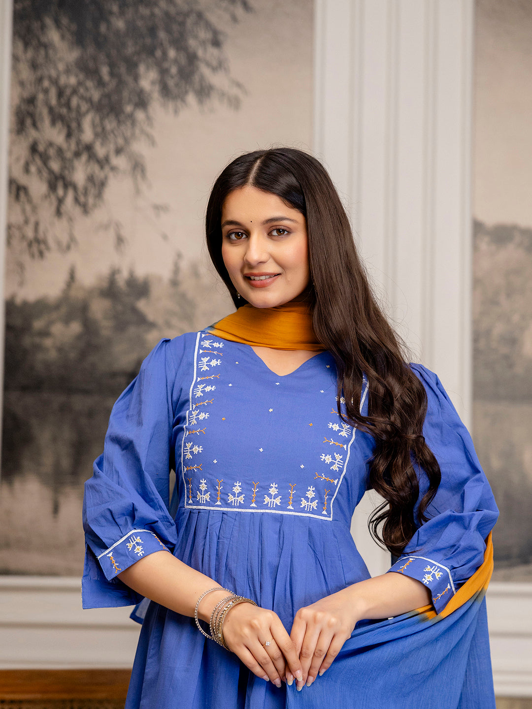 Erisha womens Pure cotton embroidered kurta pant dupatta set