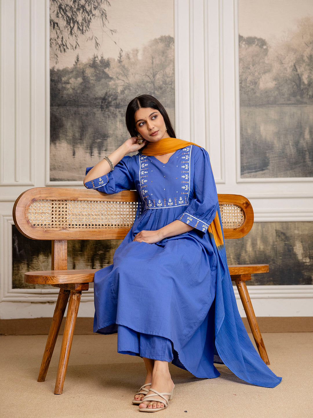 Erisha womens Pure cotton embroidered kurta pant dupatta set