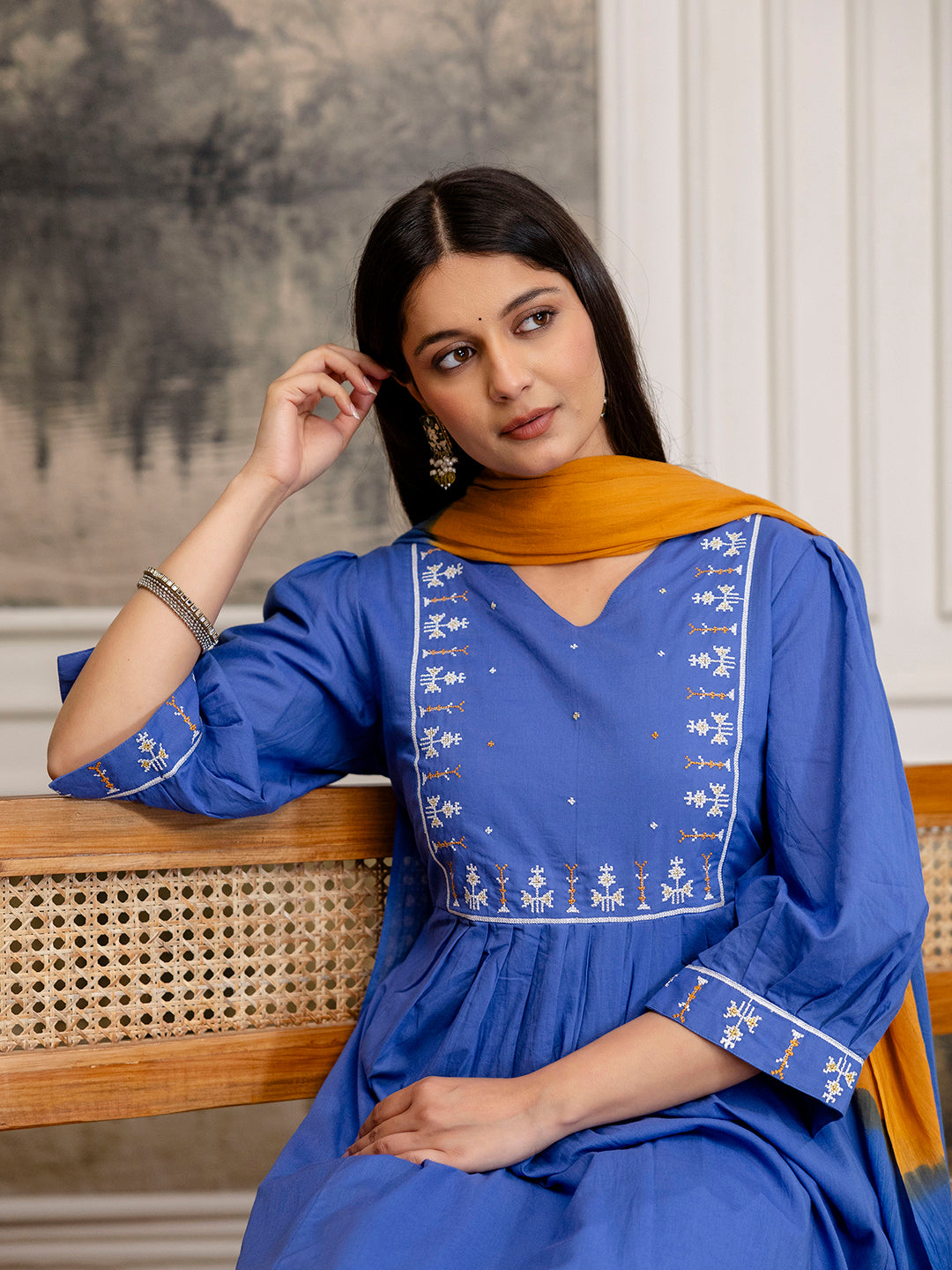 Erisha womens Pure cotton embroidered kurta pant dupatta set