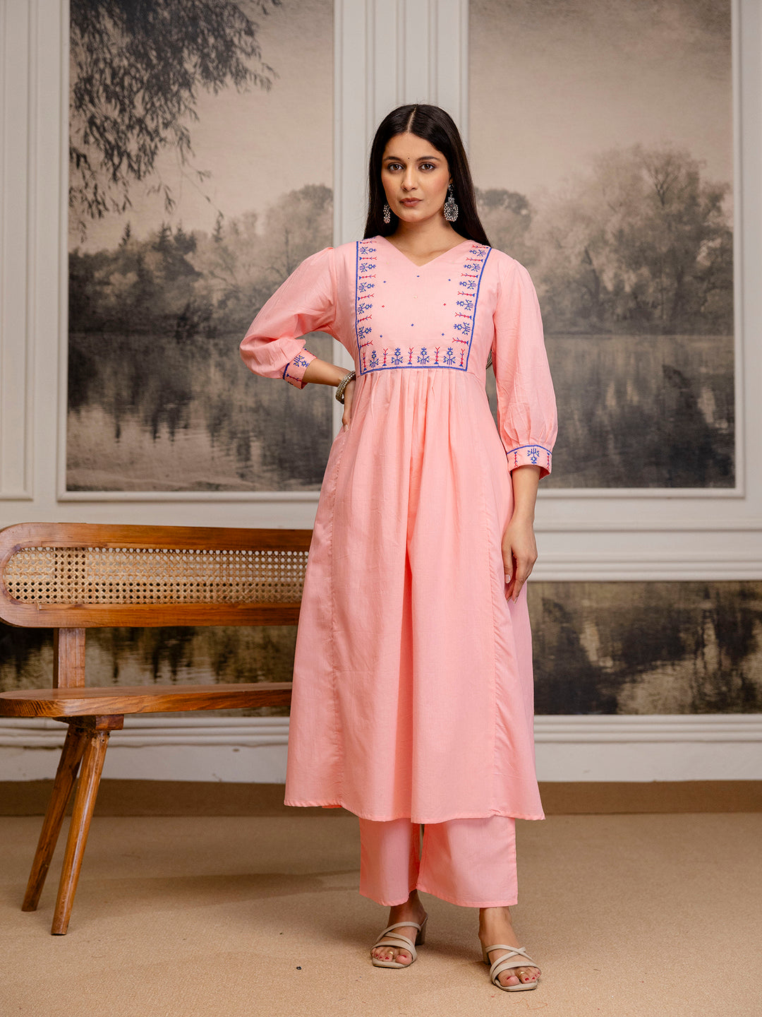 Erisha Womens pure cotton Embroidered Kurta pant dupatta set