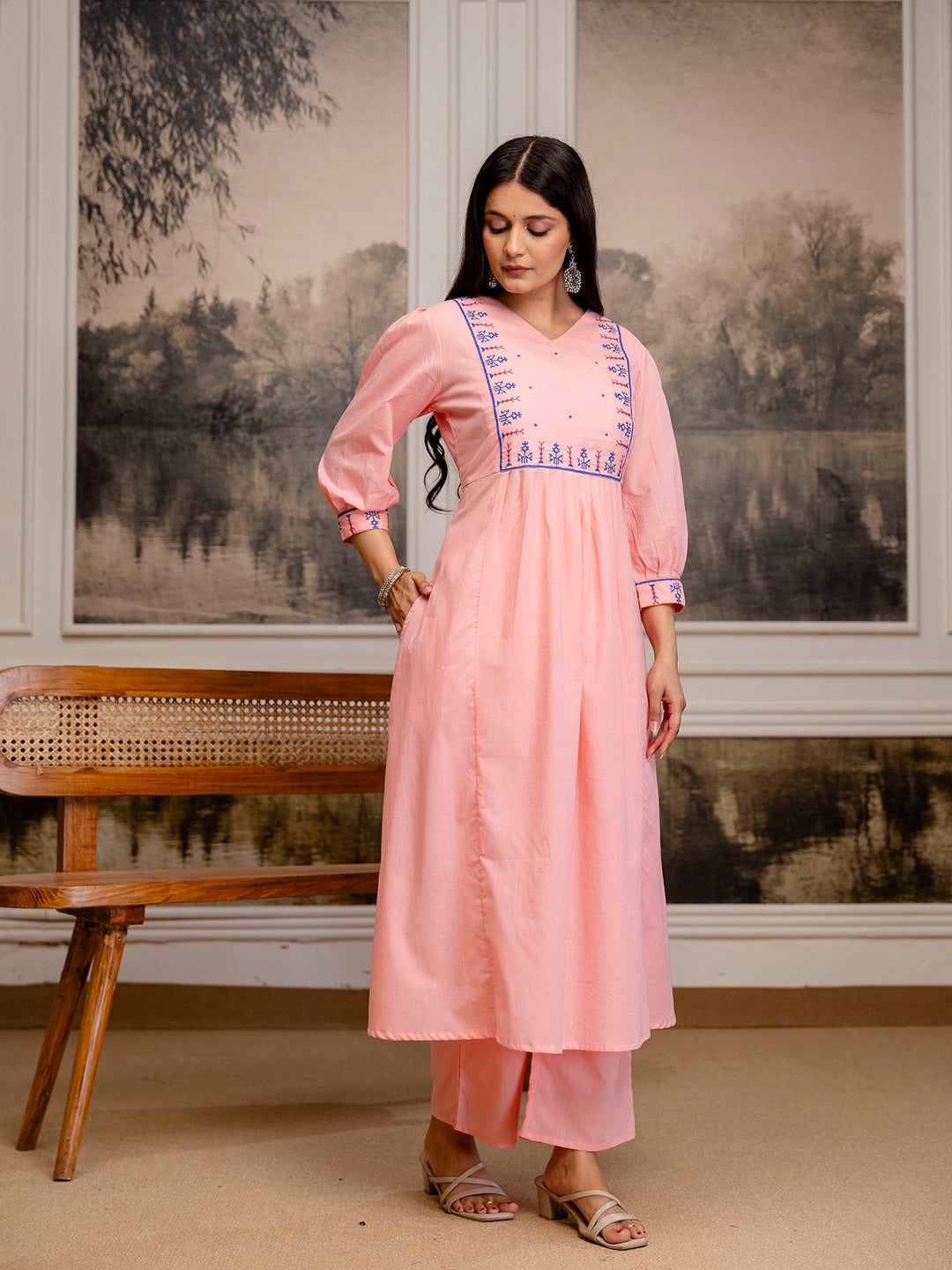 Erisha Womens pure cotton Embroidered Kurta pant dupatta set