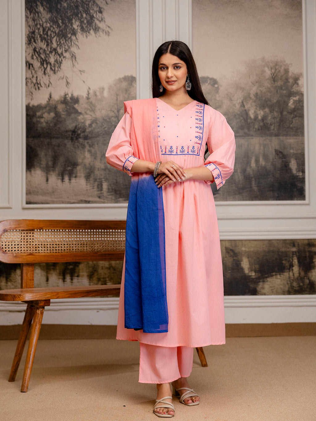 Erisha Womens pure cotton Embroidered Kurta pant dupatta set