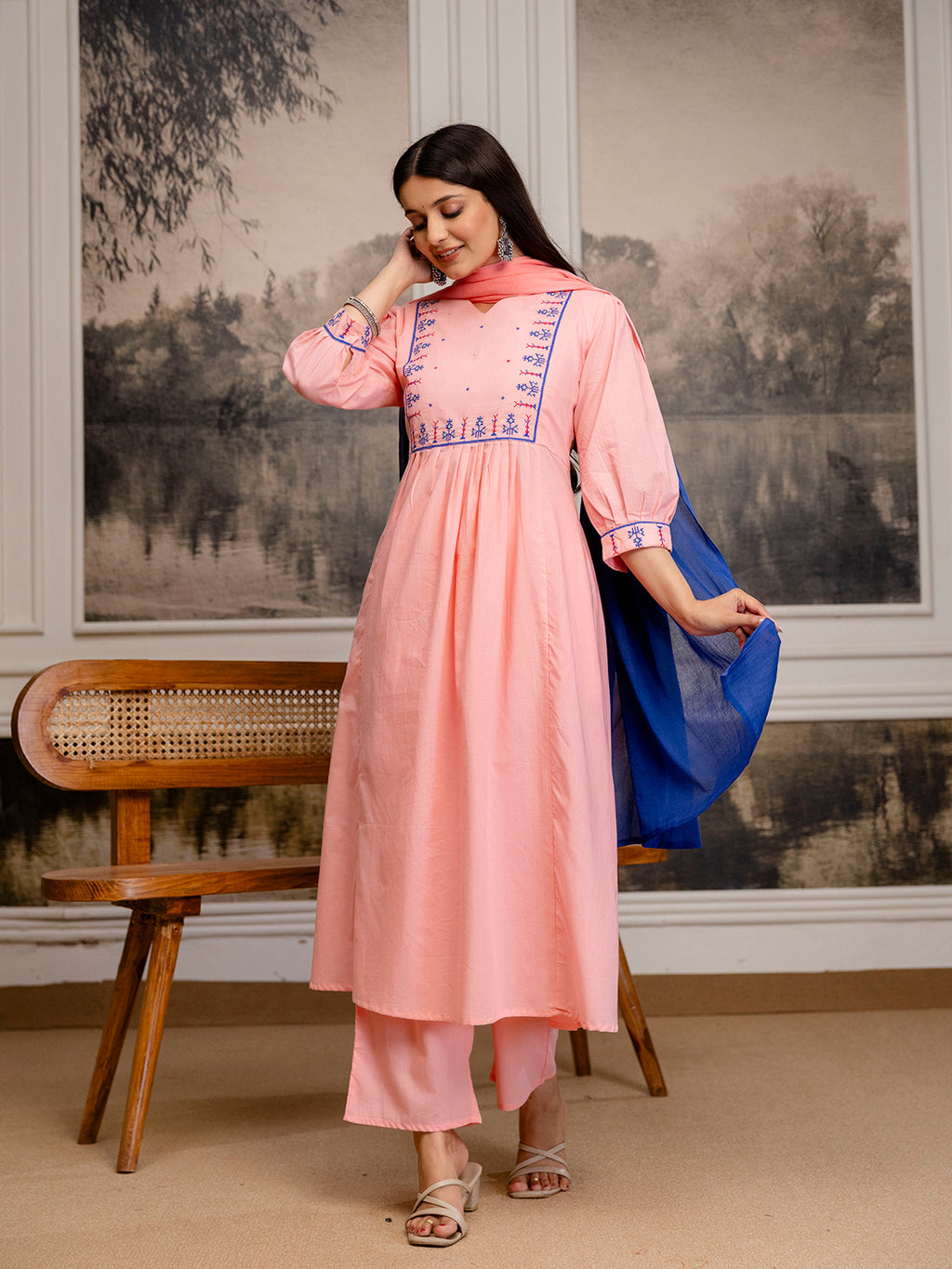 Erisha Womens pure cotton Embroidered Kurta pant dupatta set