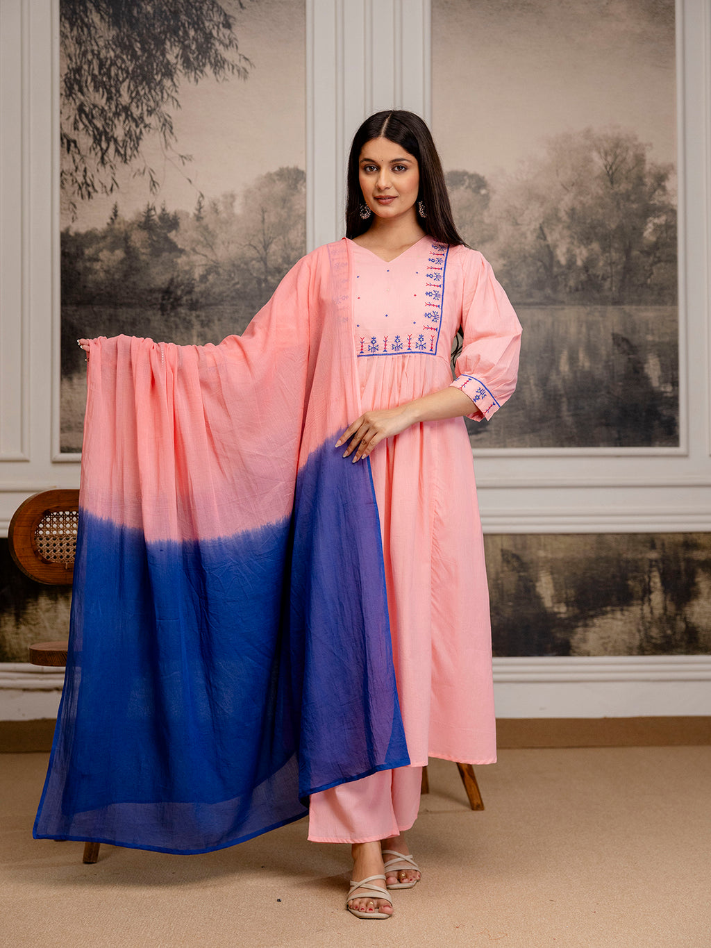 Erisha Womens pure cotton Embroidered Kurta pant dupatta set