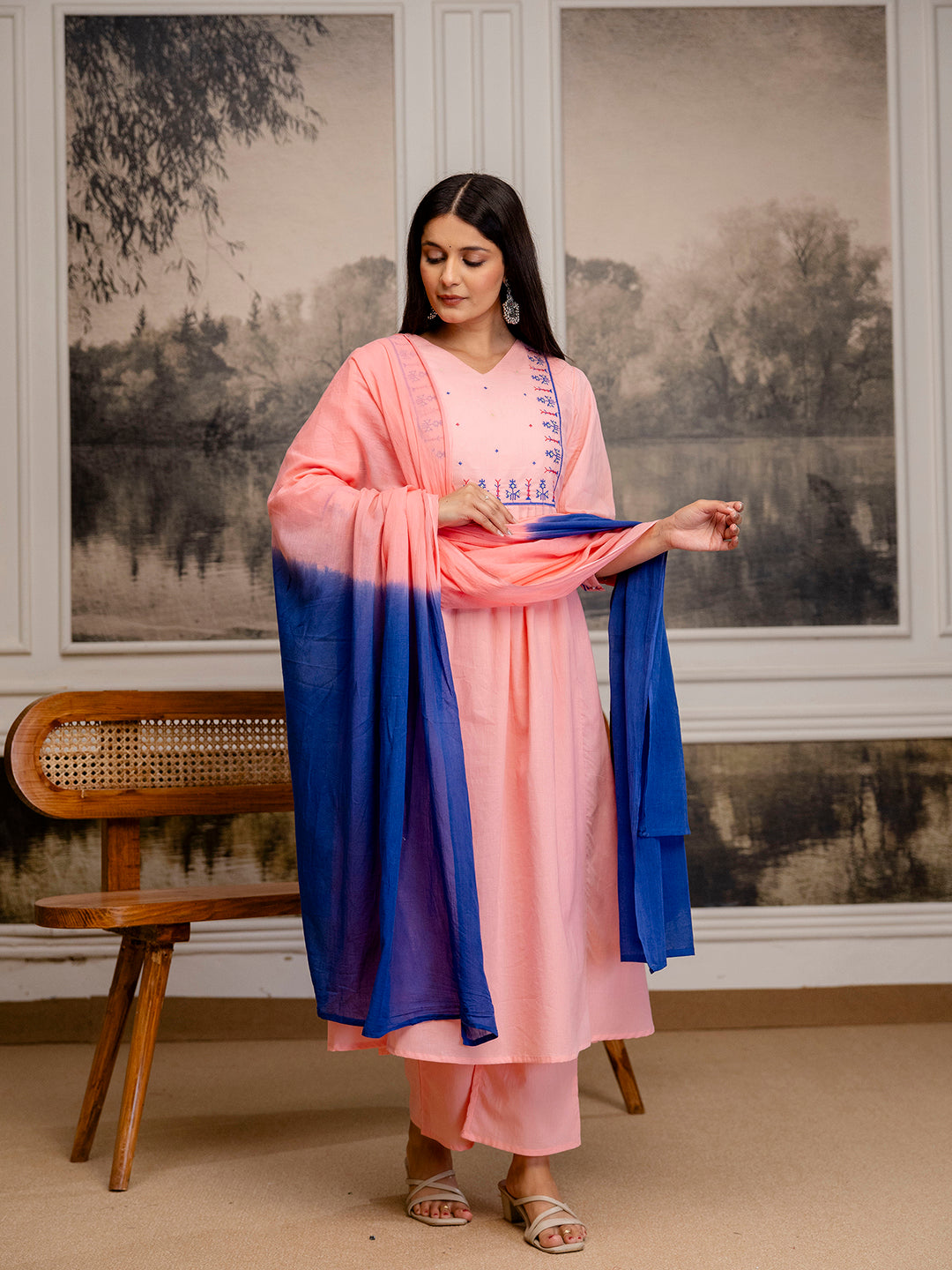 Erisha Womens pure cotton Embroidered Kurta pant dupatta set