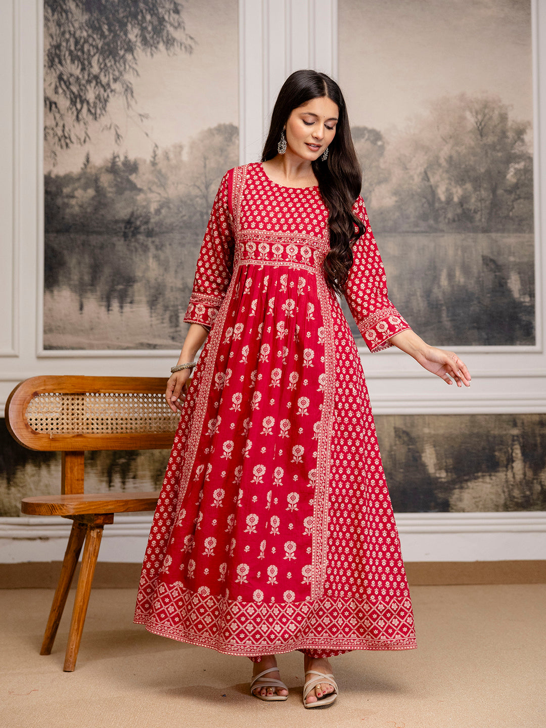 Womens Pure cotton Pleated kurta pant dupatta set