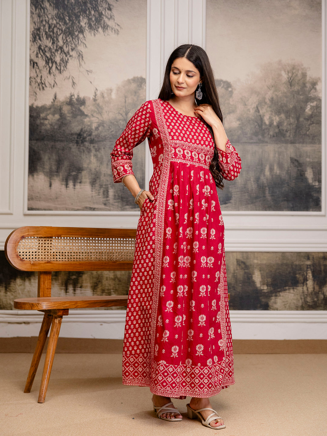 Womens Pure cotton Pleated kurta pant dupatta set