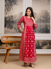Womens Pure cotton Pleated kurta pant dupatta set
