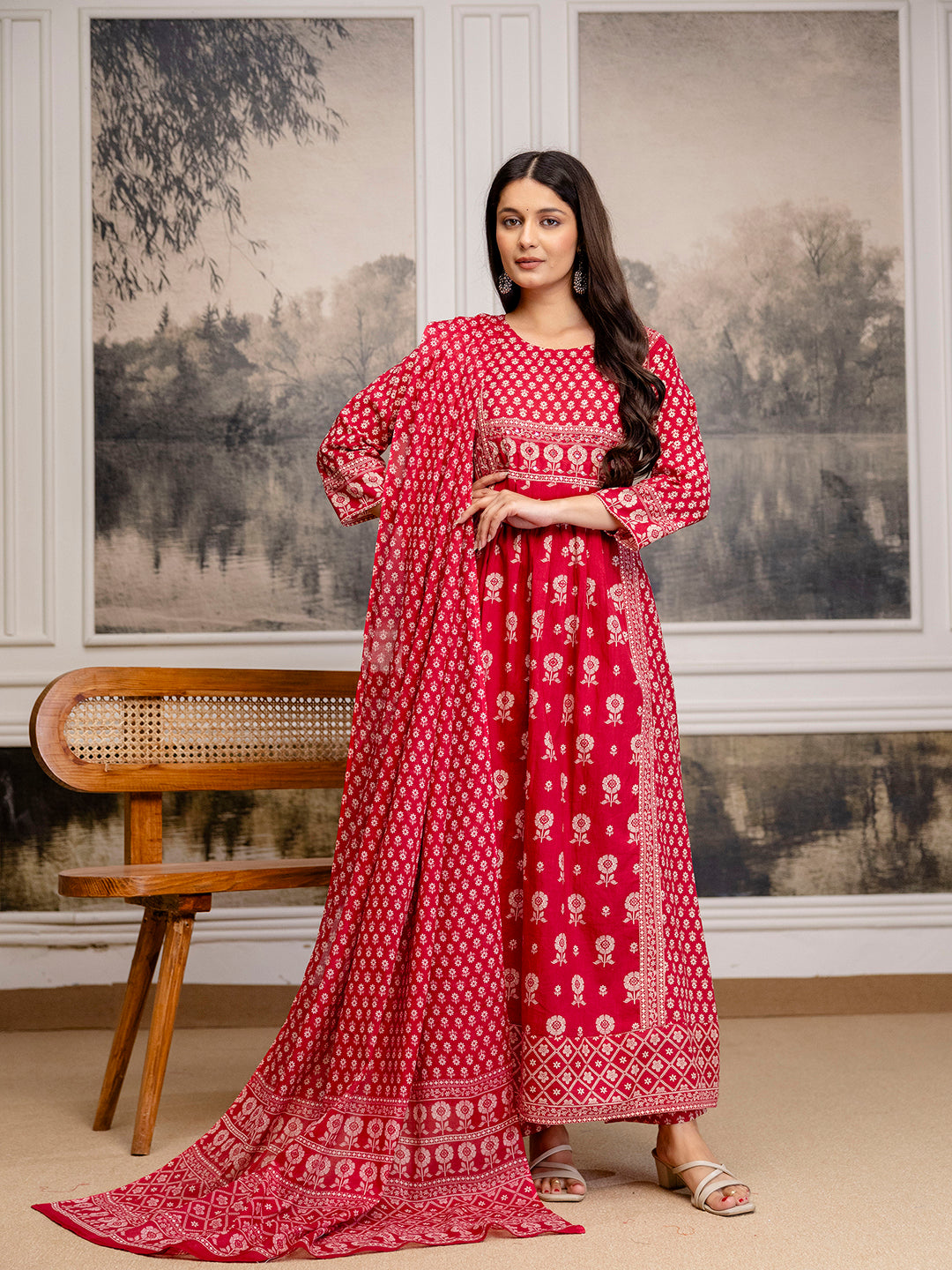 Womens Pure cotton Pleated kurta pant dupatta set