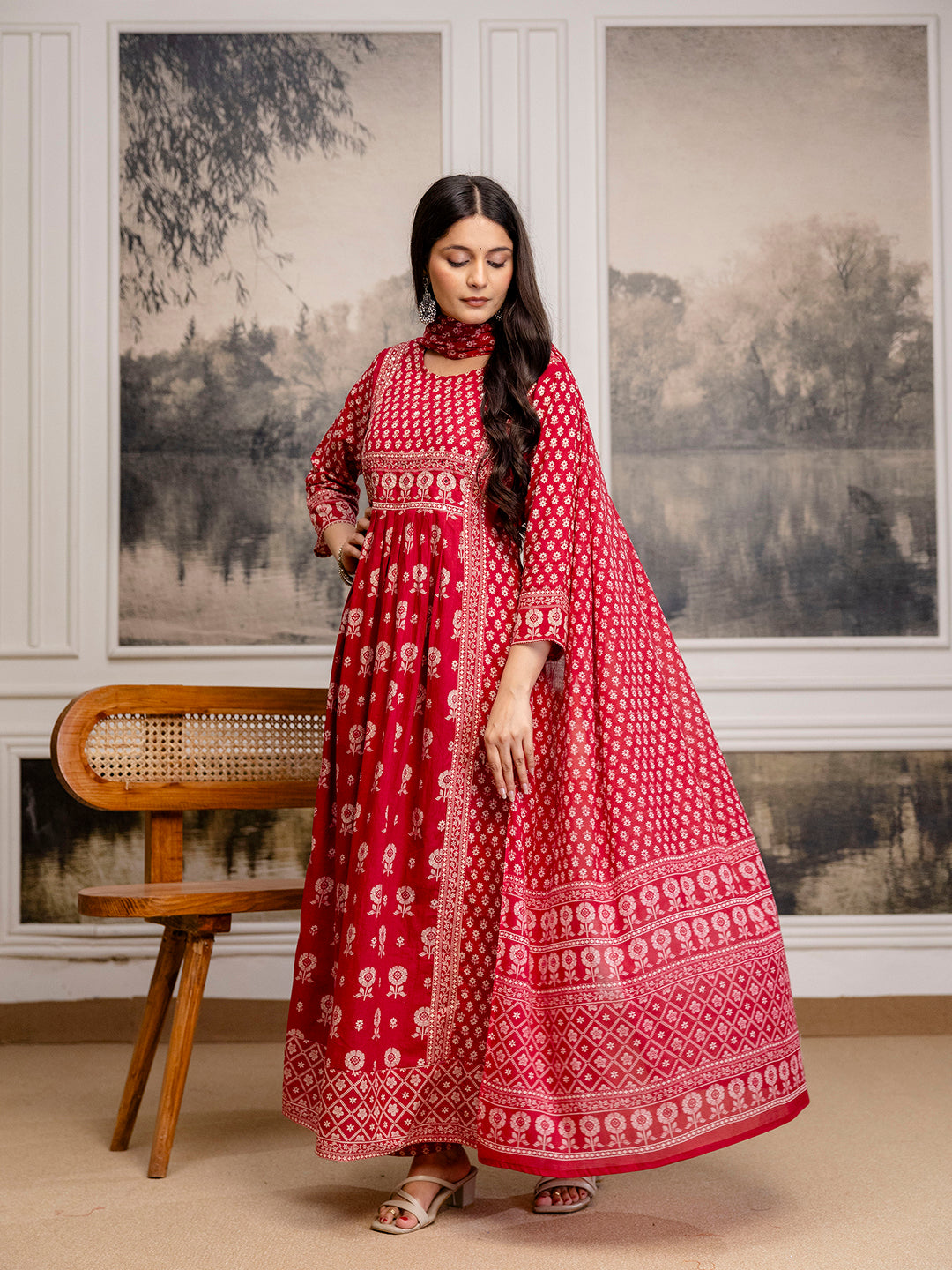 Womens Pure cotton Pleated kurta pant dupatta set