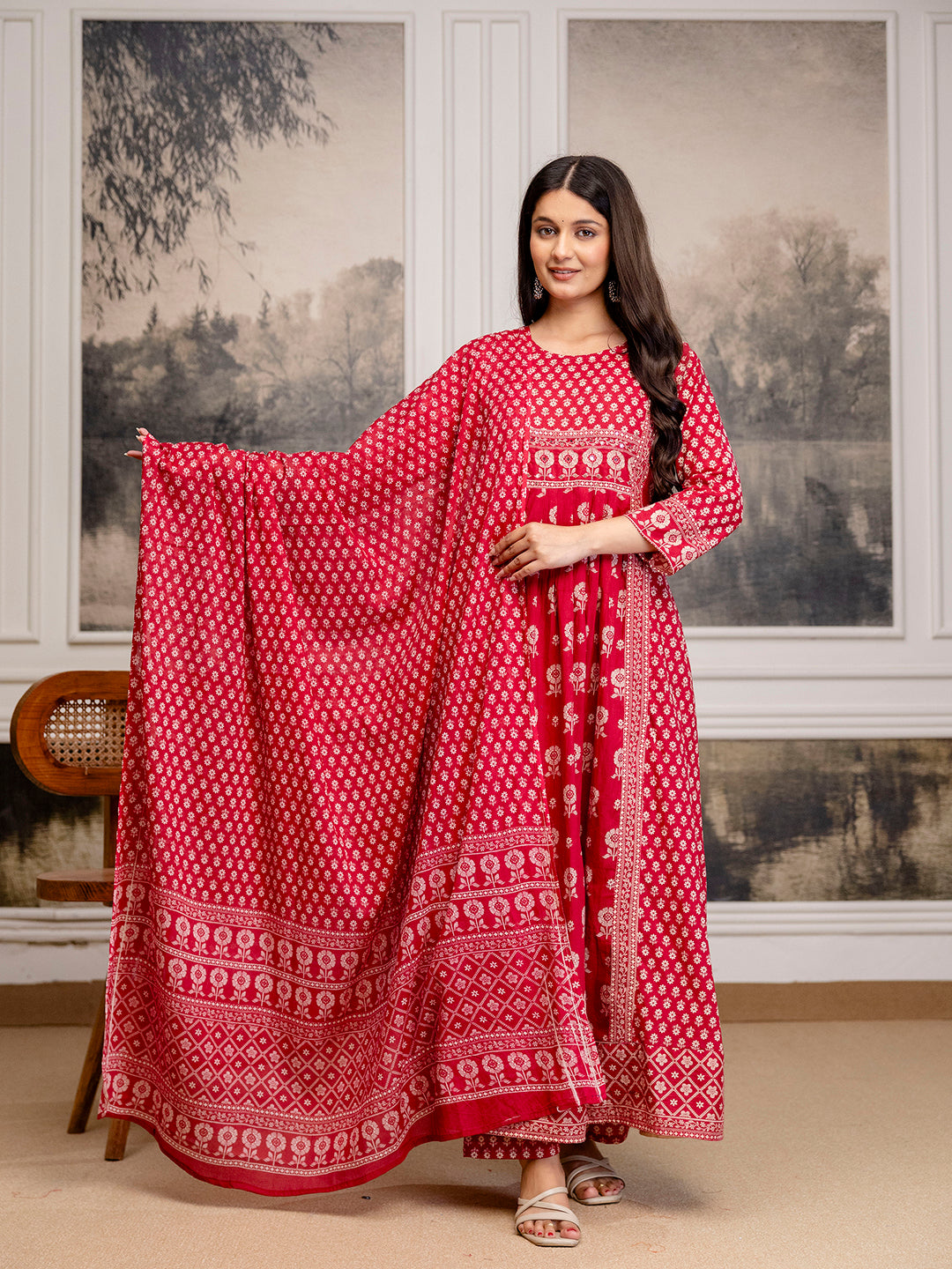 Womens Pure cotton Pleated kurta pant dupatta set