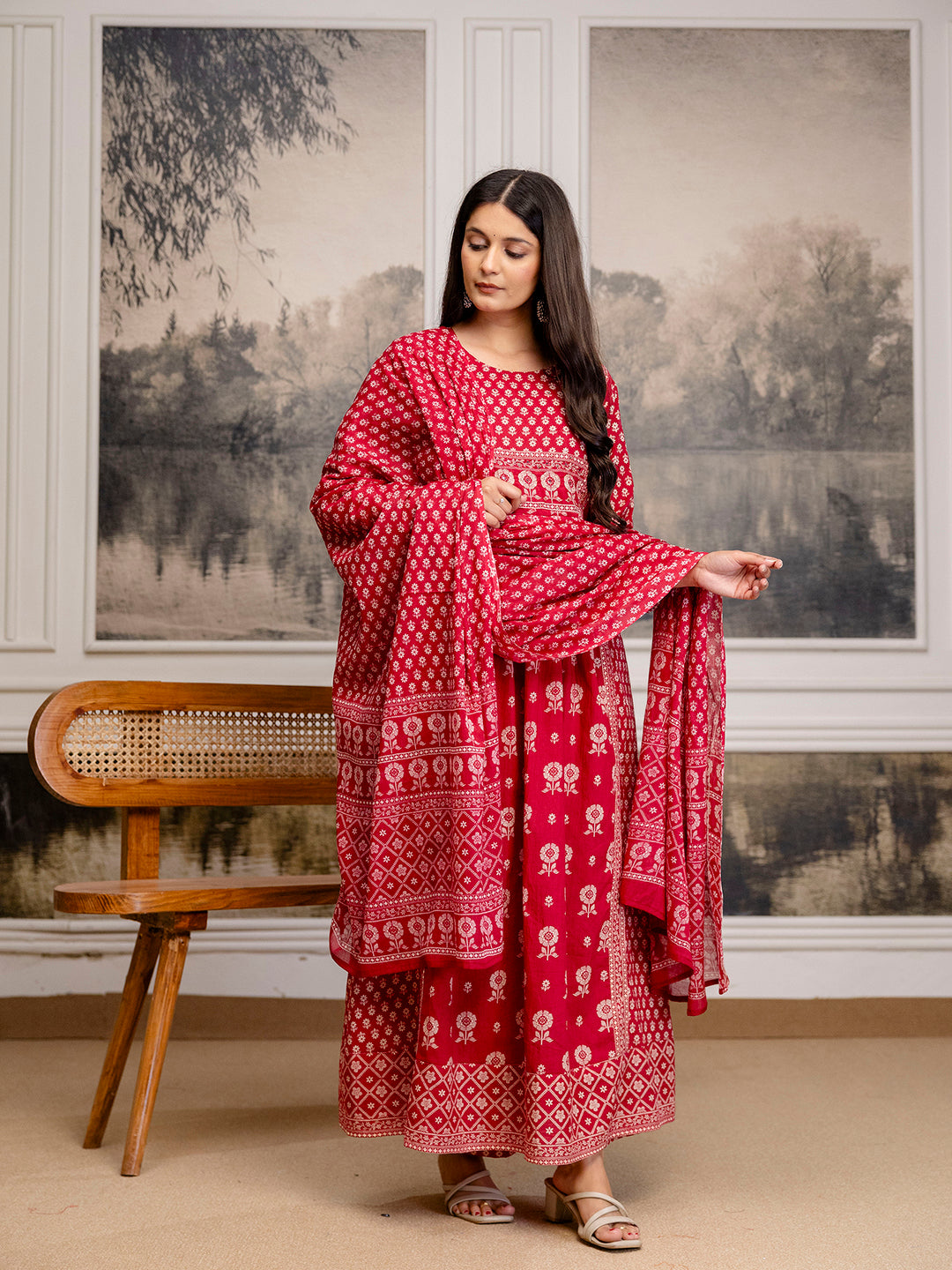 Womens Pure cotton Pleated kurta pant dupatta set
