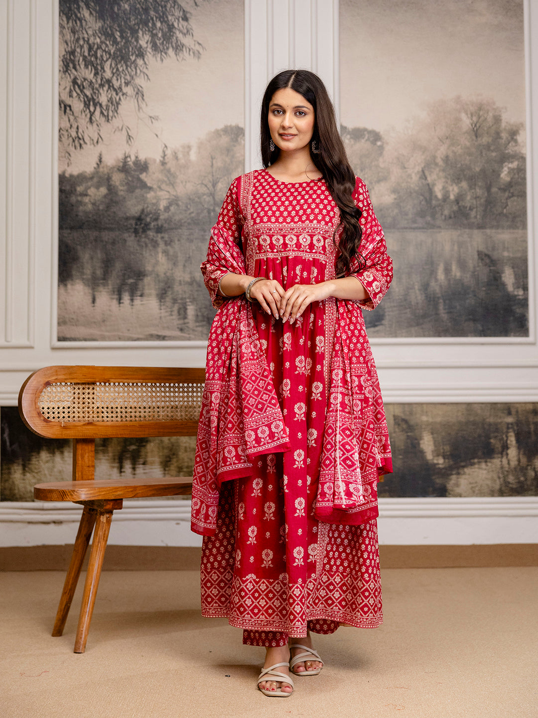Womens Pure cotton Pleated kurta pant dupatta set